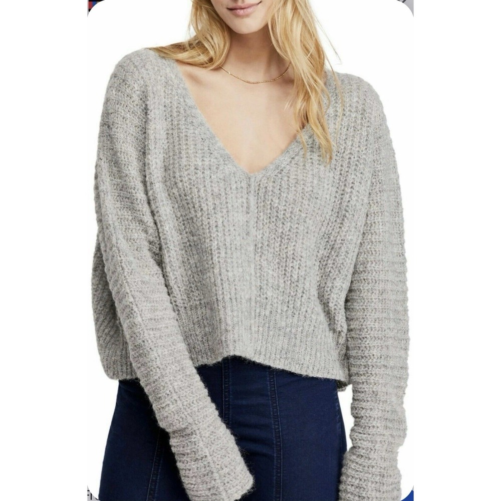 Free People Moonbeam Alpaca V Neck Sweater S Gray Ribbed Chunky Cozycore Boho